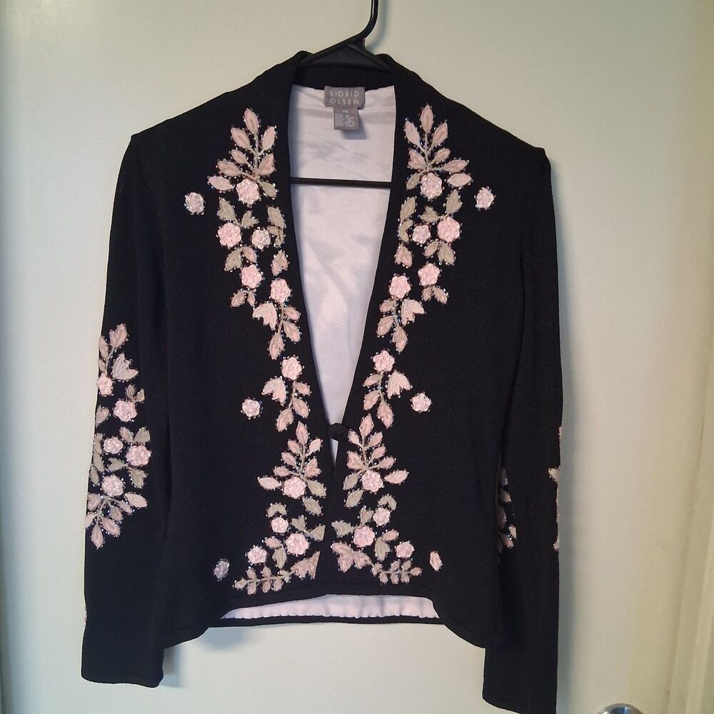 VNTG Sigrid Olsen Beaded Floral Embroidered Black Knit Cardigan XS Grannycore